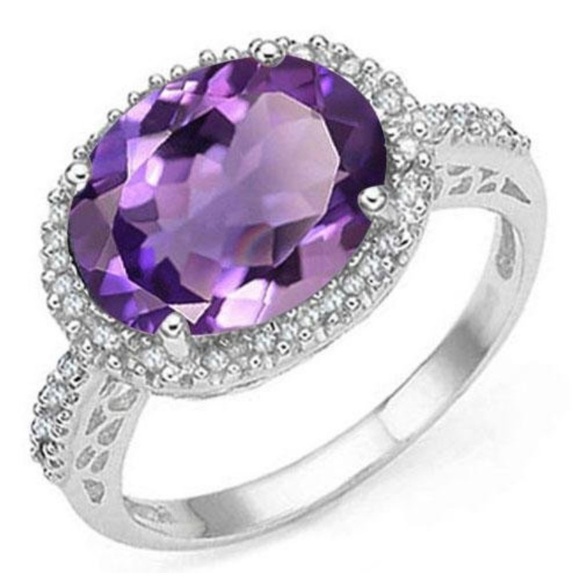 4CT Oval Cut Amethyst & Diamond Halo Ring in Sterling Silver